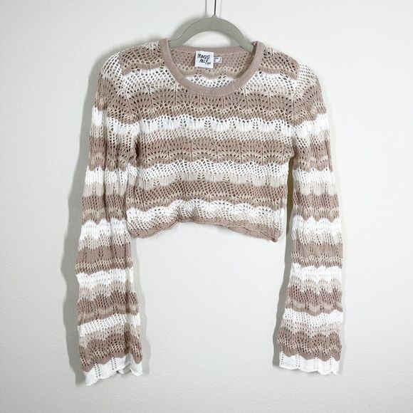 Princess Polly Tops - Princess Polly Leah Crochet Knit Crop Top Size 2 Stripe Tan White Bell Sleeves